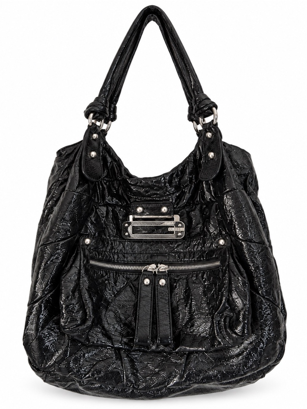 Vintage Y2K Guess Black Glossy Crinkle Hobo Shoulder Bag Oversized G Logo, Read!